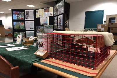 A cage with quail sit on top of a table in front of the SJQP presentation board
